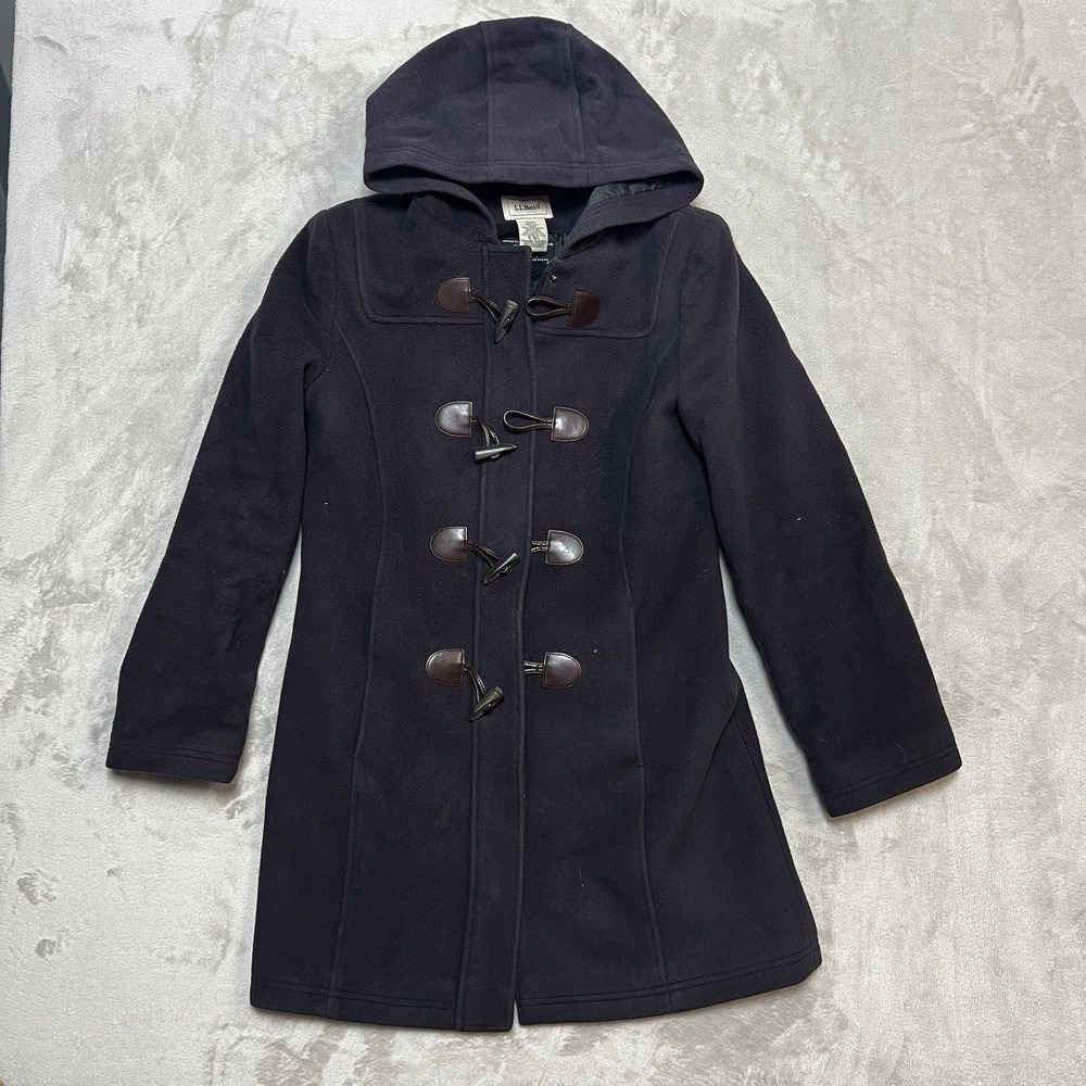 LL Bean Womens 8 Gray Wool Duffle Coat Hooded Toggle Bellandi Italian Fabric